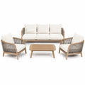 Zestaw mebli ogrodowych z drewna i liny, 3-osobowa sofa, 2 fotele, stolik kawowy, kremowy
