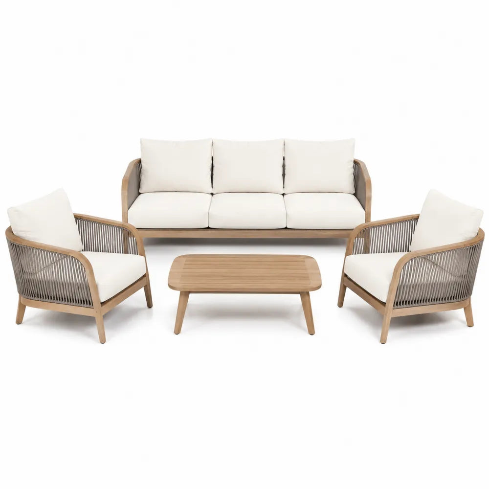 Zestaw mebli ogrodowych z drewna i liny, 3-osobowa sofa, 2 fotele, stolik kawowy, kremowy