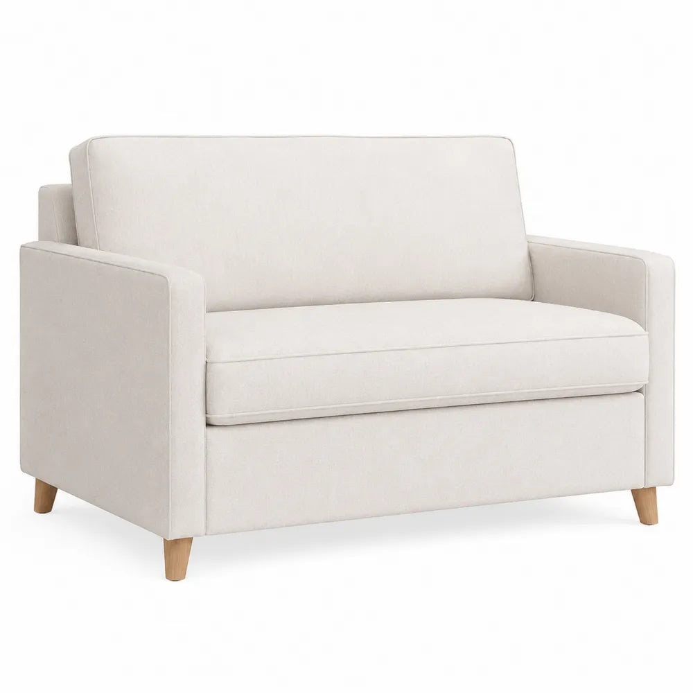 Dwuosobowa sofa z tkaniny beżowa z drewnianymi nogami