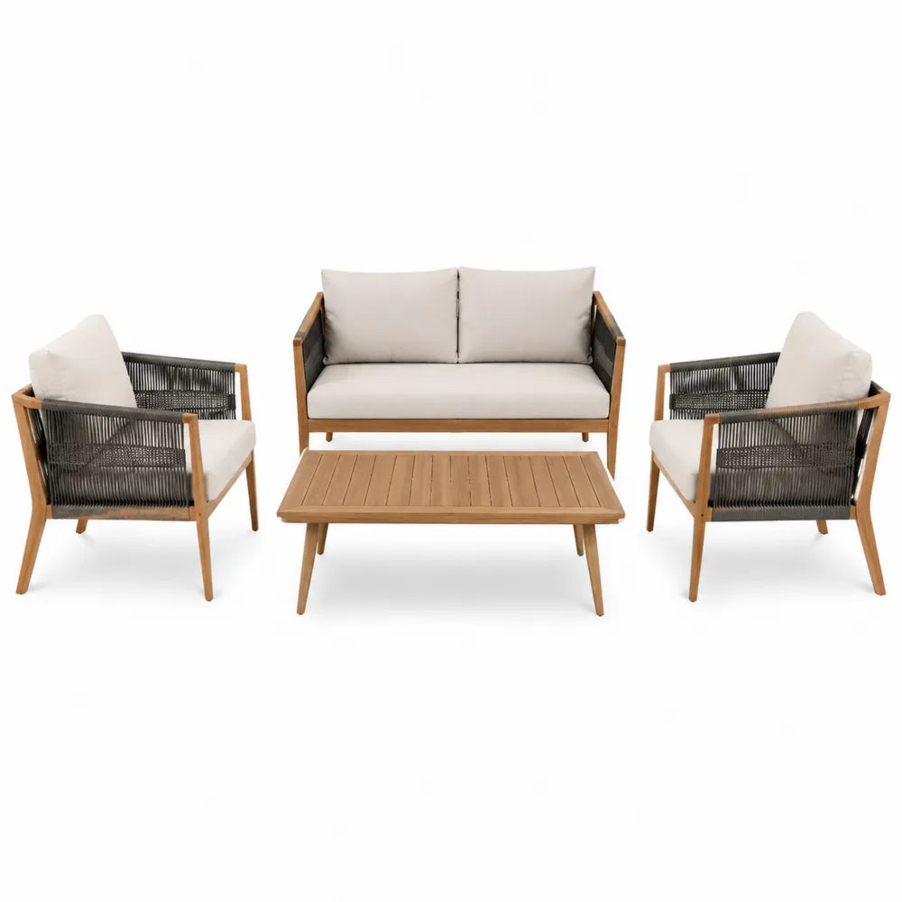 Zestaw mebli ogrodowych z drewna tekowego i liny, sofa dwuosobowa, fotele, stolik kawowy, beżowy