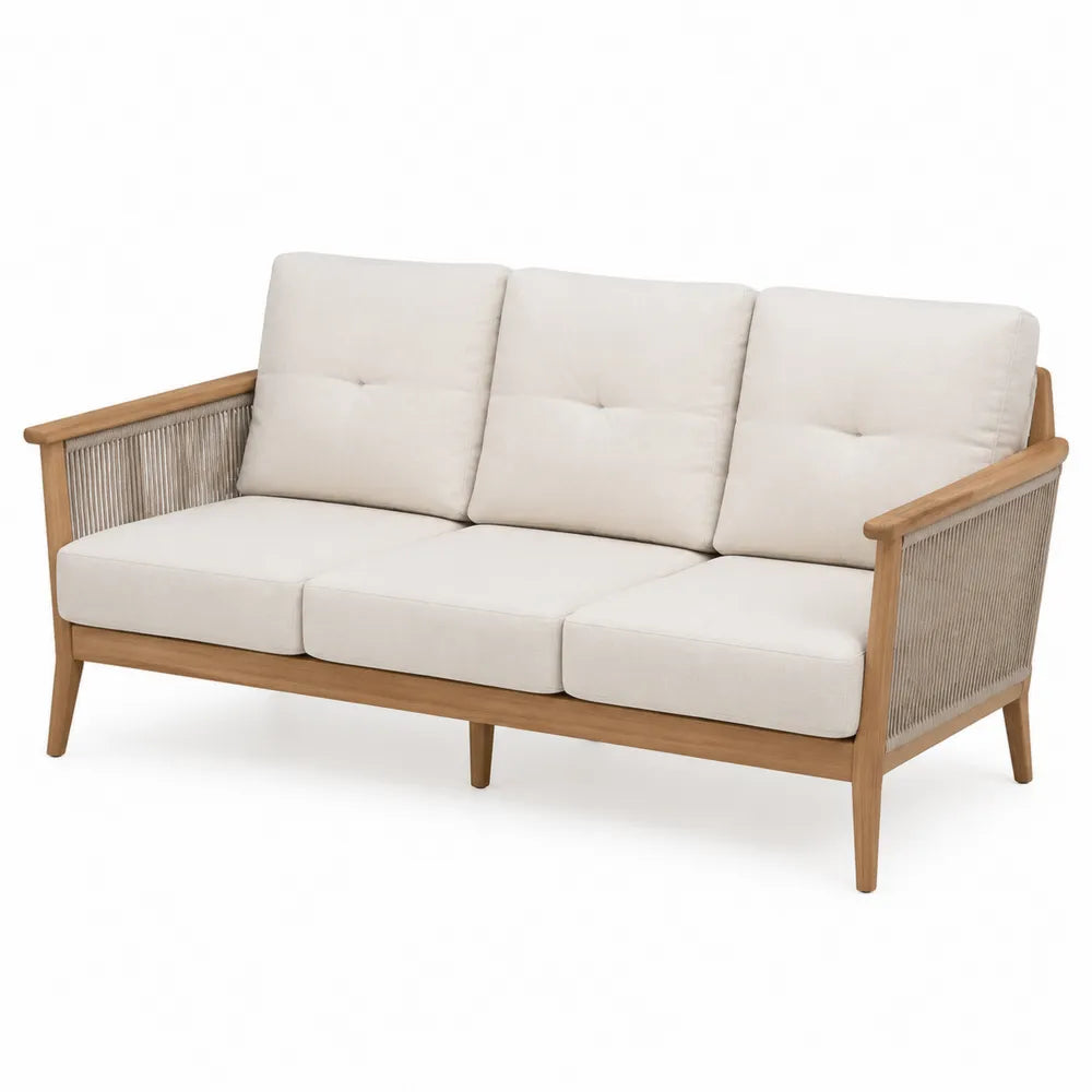 Sofa drewniana z poduszkami beżowa