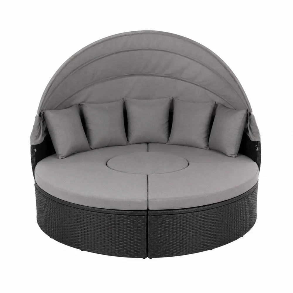 Okrągły zestaw ogrodowy z zadaszeniem, rattan polietylenowy, 180 cm, szary