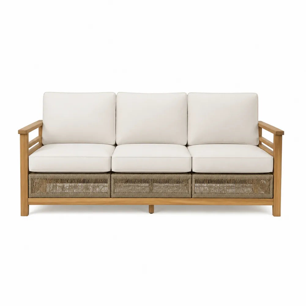 Trzyosobowa sofa ogrodowa drewno teak z poduszkami poliestrowymi beżowa