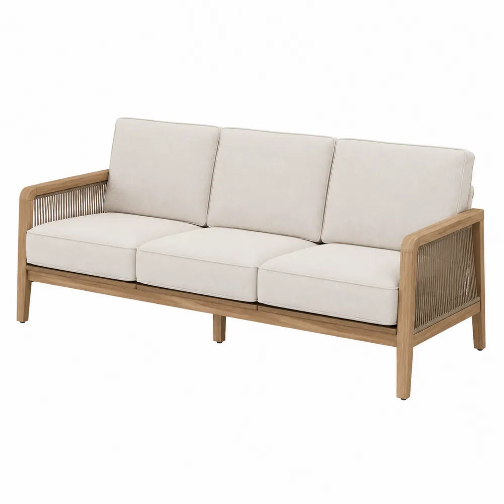 Sofa 3-osobowa z drewna tekowego z kremowymi poduszkami