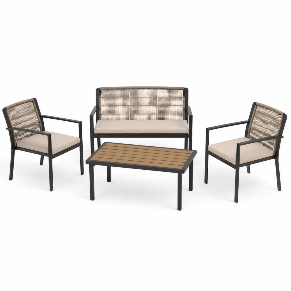 Zestaw mebli ogrodowych z aluminium, 2 krzesła, sofa dwuosobowa, stolik kawowy, beżowy
