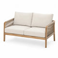Sofa ogrodowa drewniana, dwuosobowa z liną, beżowymi poduszkami