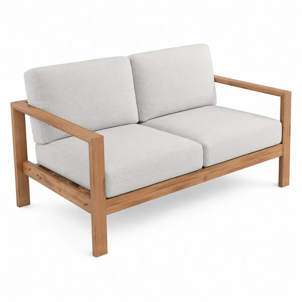 Dwuosobowa sofa z drewna akacjowego i białą tkaniną