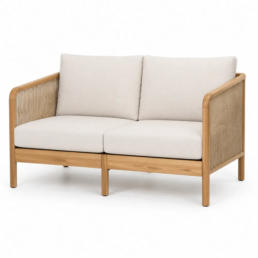 Dwuosobowa sofa z drewna akacjowego i plecionki syntetycznej beżowa