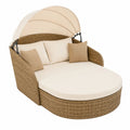 Rattanowa sofa ogrodowa z baldachimem kremowa i brązowa