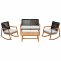 Zestaw mebli ogrodowych: drewniana sofa, 2 fotele bujane, stolik, czarno-szary