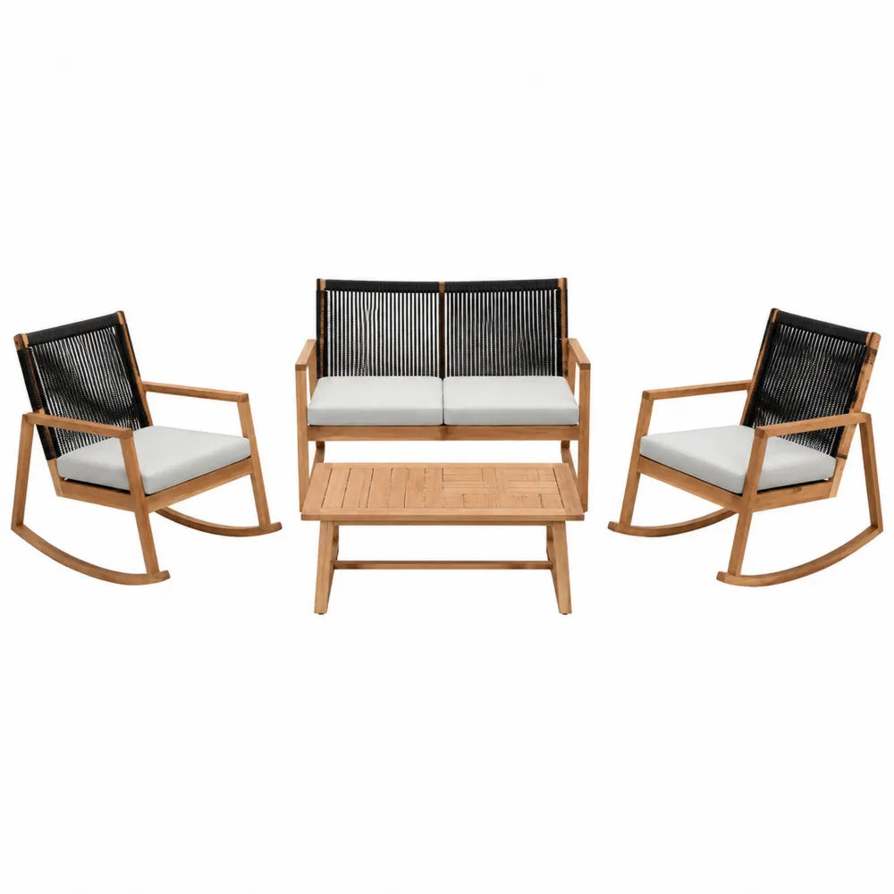 Zestaw mebli ogrodowych: drewniana sofa, 2 fotele bujane, stolik, czarno-szary
