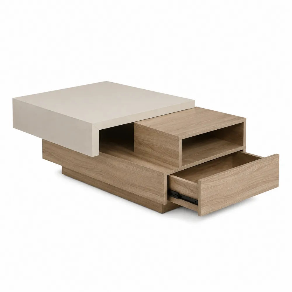 Stolik kawowy z MDF z okleiną dębową i beżową, 120x70x35 cm